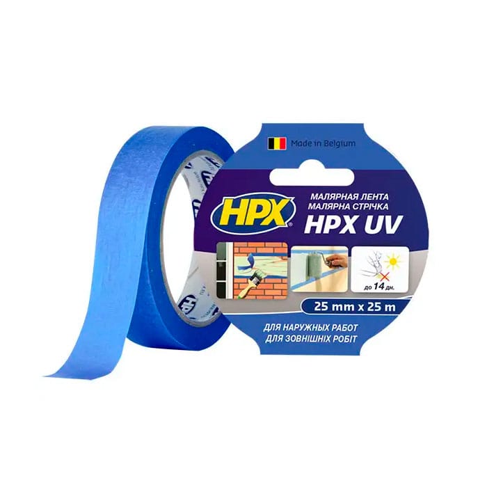 Стійка малярна стрічка (скотч) HPX UV для зовнішніх робіт з УФ захистом, 25мм х 25м, синя